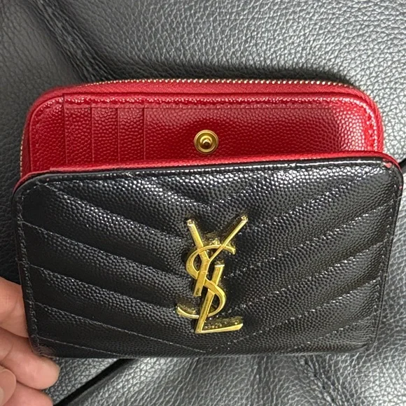 YSL Black & Red Zippy Wallet with Gold Logo - Picture 3 of 15